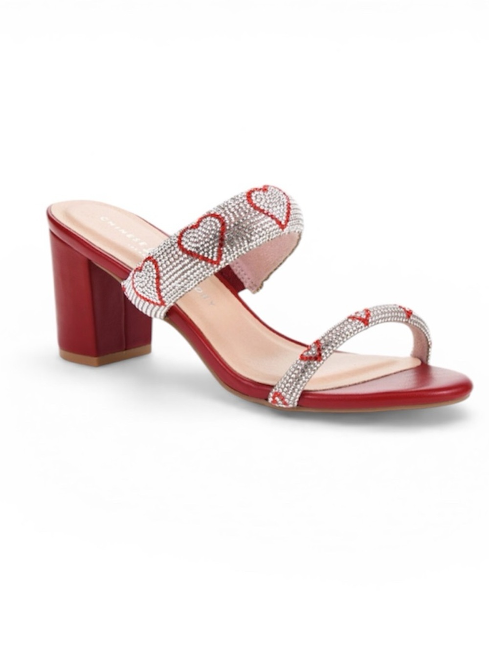 Chinese Laundry Red Rhinestone Heart Embellished Block Heel Sandals Sz 7.5 NWOB